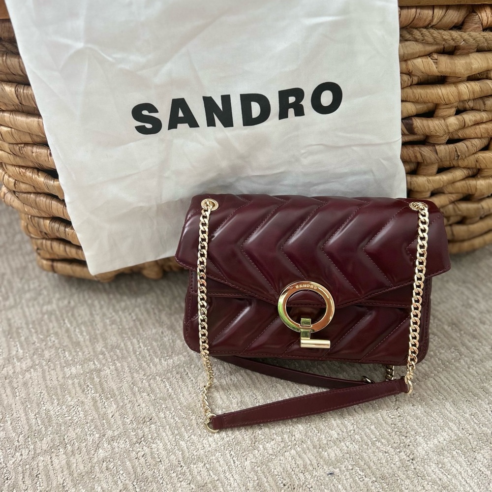Sandro Wine Color Yza Crossbody Bag with Gold Hardware and Quilted Design